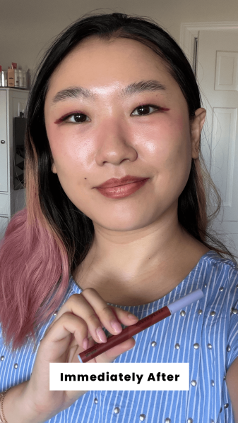 Han immediately after applying the Urban Decay Lip Toy Brush Staining Lip Liner