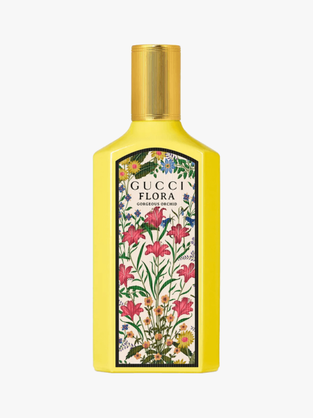 Gucci Flora Gorgeous Orchid Eau de Parfum in branded component on a light gray background